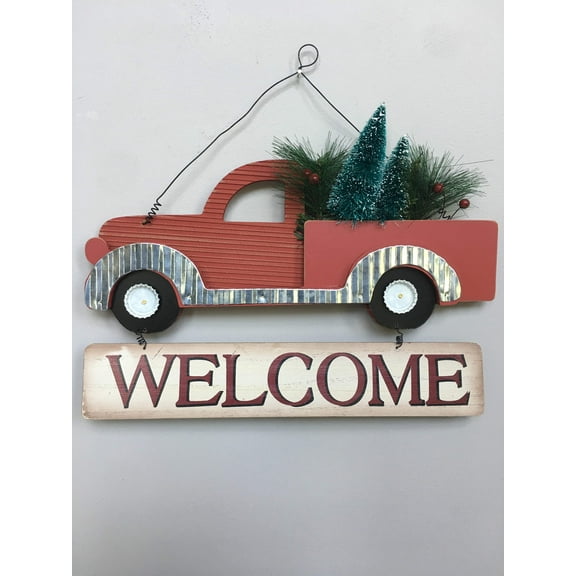 Christmas Wood and Metal Red Truck Welcome Sign
