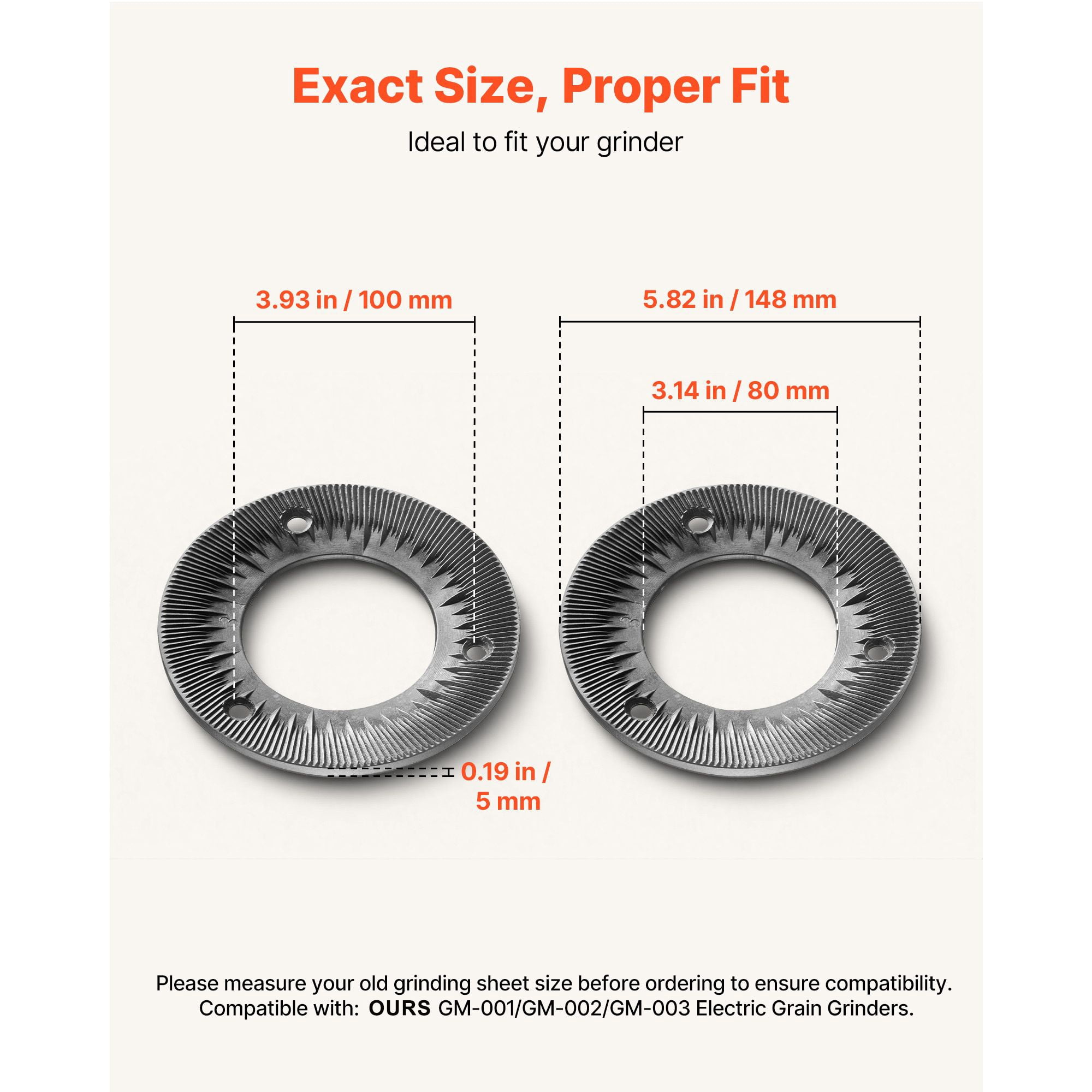 Grinding Sheets for Electric Grain Mill, 2PCS Cast Iron Dry Grinding Discs, Compatible with GM-001/GM-002/GM-003, 5.7 Inch Size for Grains, Corn, Coffee Beans