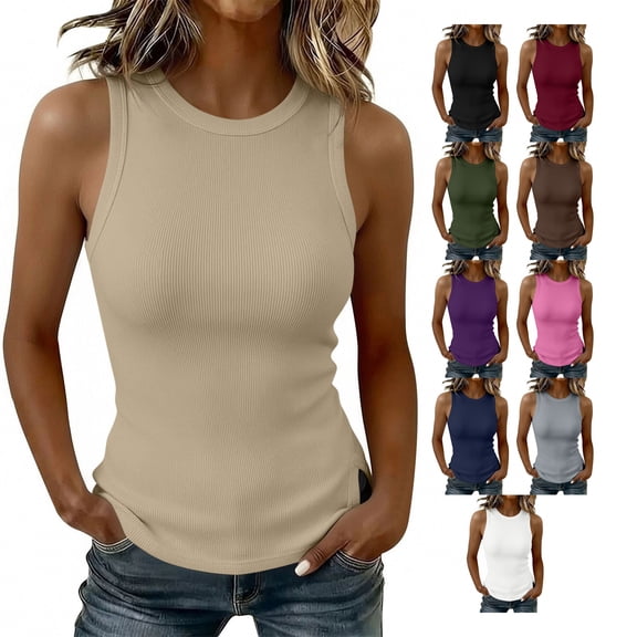 TGSLY Racerback High Neck Tank Tops for Womens Basic Cotton Ribbed Fitted Blouses Dressy Casual Solid Color Side Slit Design Sleeveless Tshirts Navy XL