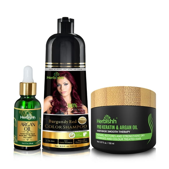 Herbishh Set para despues de la coloración-Alisado, Brillo y Protección para Hombres y Mujeres (Rojo Borgoña)