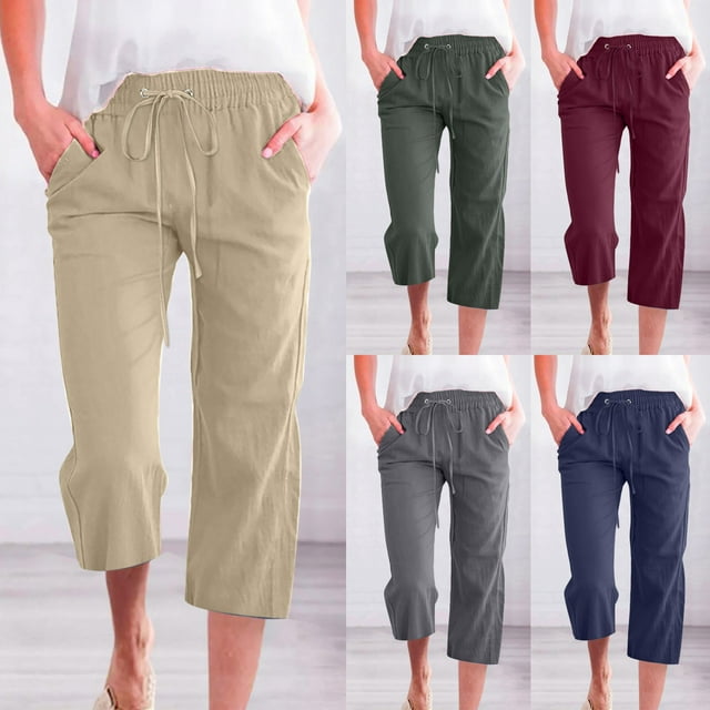 Yourumao Womens Cotton Linen Capris Solid Drawstrings Elastic Waisted Straight Leg Pants Summer Plus Size Trousers with Pocket