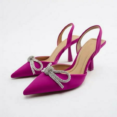 

Women s Rhinestone Bow Sling Back Pointed Toe Mid Kitten Heel Pumps Shoes for Work and Party