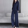 thumbnail image 4 of AOOCHASLIY Women Suits Women Comfortable Casual Put Together Color Long Sleeve V-Neck Blouse + Pocket Long Pants Sets, 4 of 5