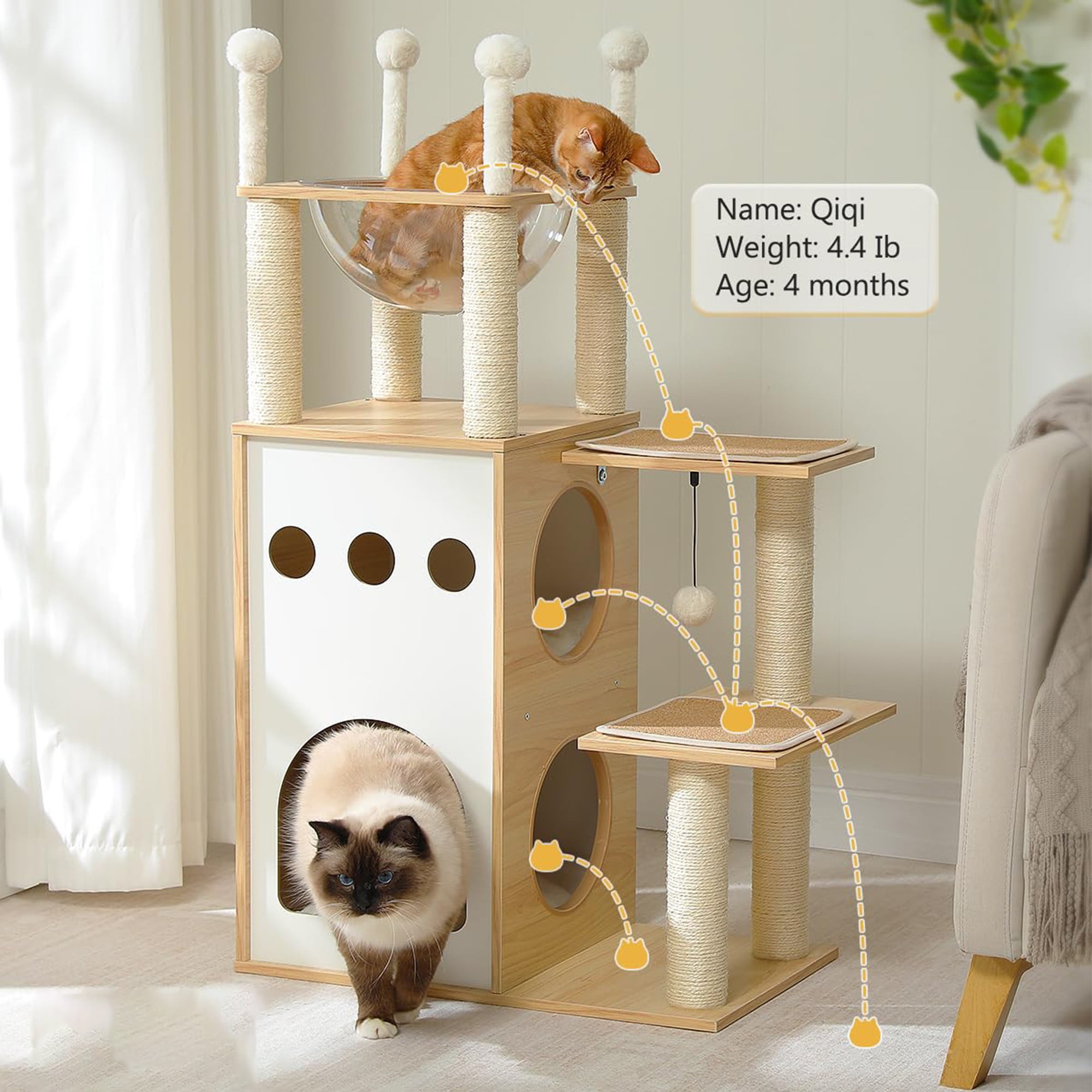 resenkos 42" Modern Cat Tree Tower with Double Spacious Condos Perch, Sisal Scratching Post, Kittens Toys Activity Centre Cat Tree House, Beige