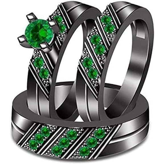 Divine Creation 925 Sterling Silver 1.65 Ct Round Cut Green Emerald Wedding Engagement Trio Ring Set 14K Black Gold Plated For Unisex -8