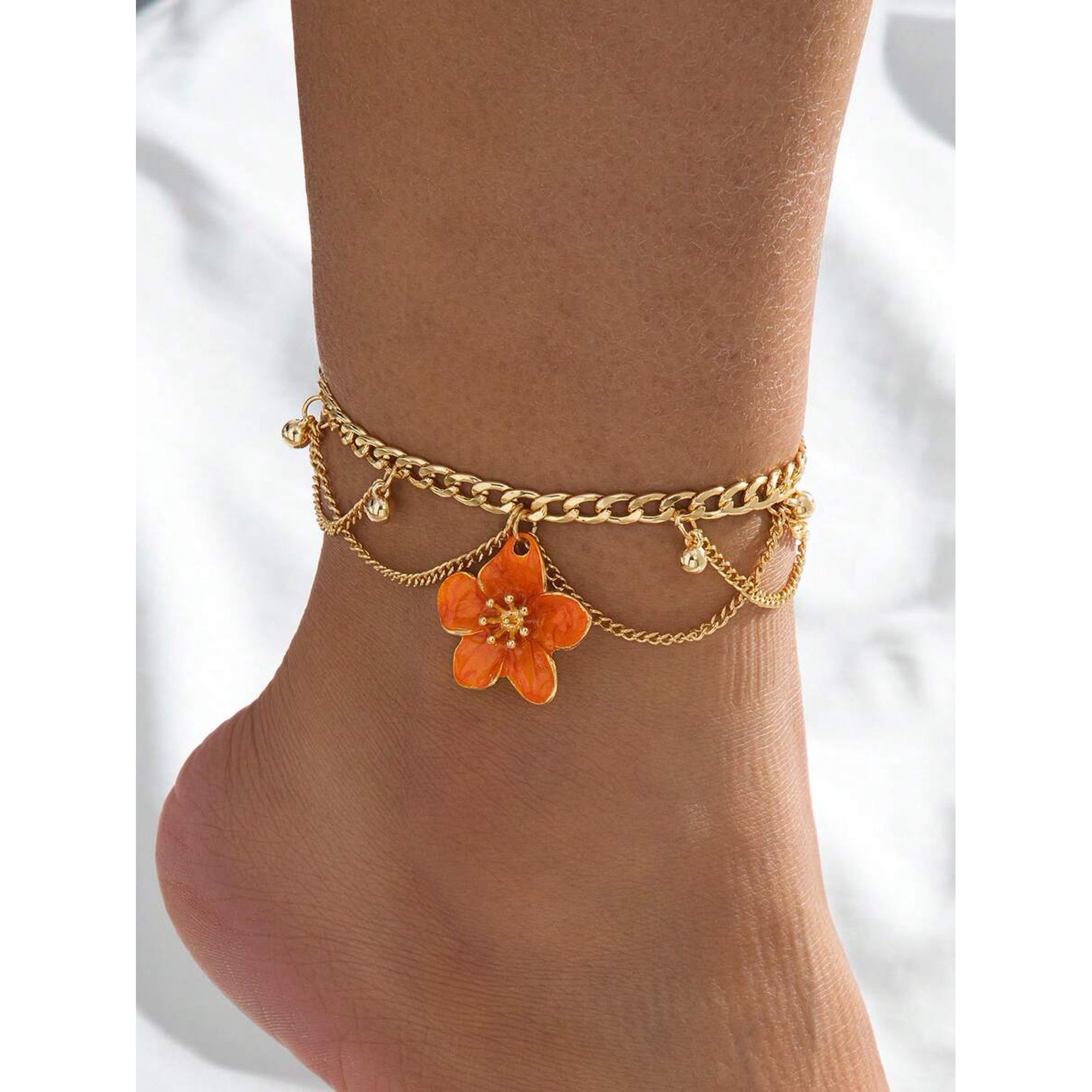 Multilayer Goldtone Anklet With Orange Enamel Flower Charm