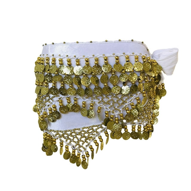 Cadena de cintura Sonducket para danza del vientre con lentejuelas y borlas blanco