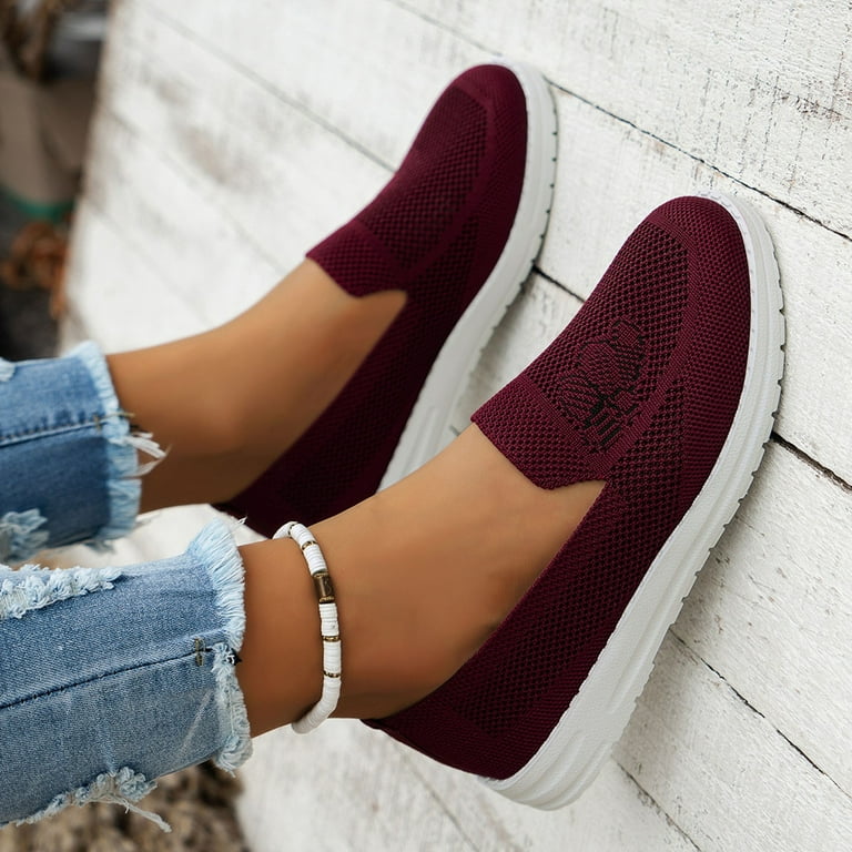 Lovskoo 2024 Women's Slip On Lightweight Mesh Walking Shoes Breathable  Fashion Casual Round Toe Comfy Cozy Shoes Burgundy 