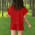 thumbnail image 4 of CPNG Girls Summer Loose Casual Outfits 2Pcs Set Solid Color Short Ruffled Sleeve Crewneck T-Shirt and Shorts Set(Red,10-11 Years), 4 of 8