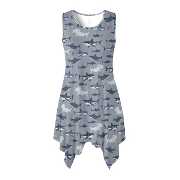 HELLHERO Shark Pattern Design Sleeveless Sundress for Beach Vacation Pool Party, Irregular Hem Side Pockets Asymmetric Hem Midi Dress