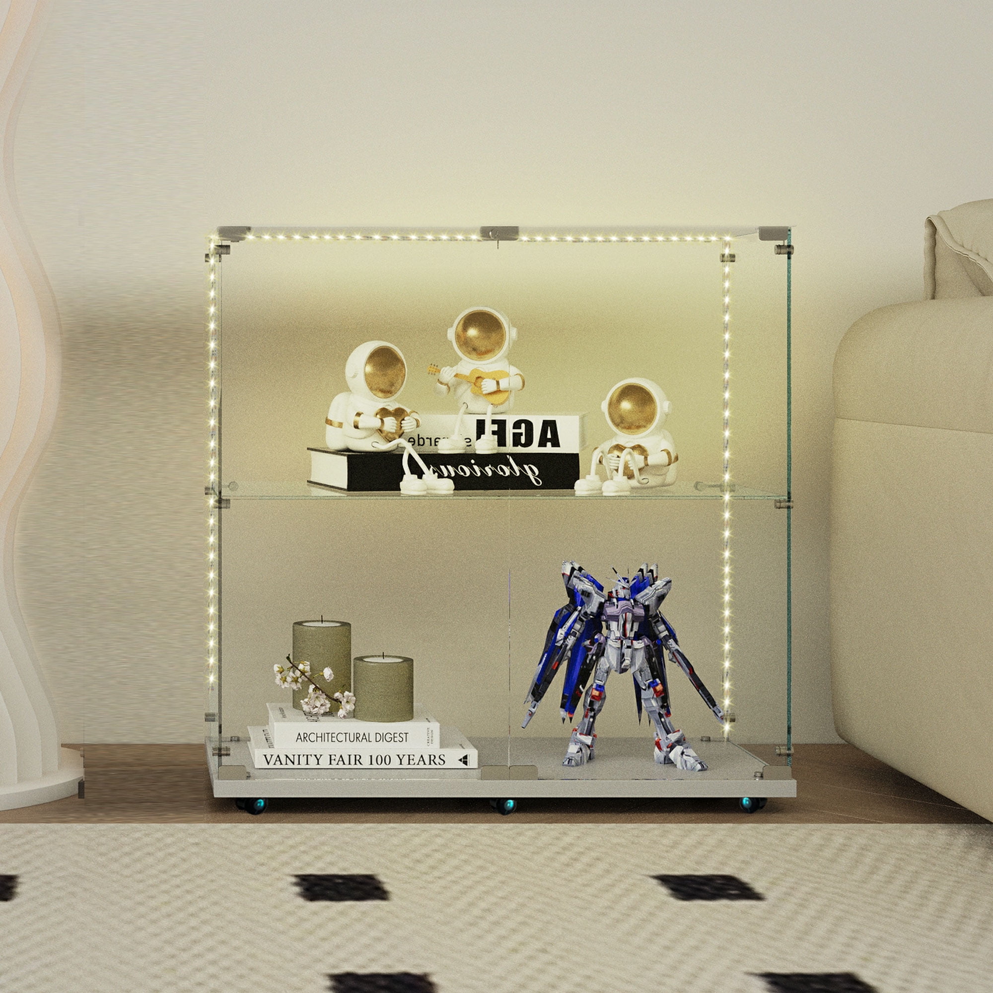 MAYEERTY 2 Tiers Glass Display Cabinet with Bluetooth LED Light Strip, Curio Storage Cabinet with 2 Door Wheels and Lock, Tempered Glass Top, White