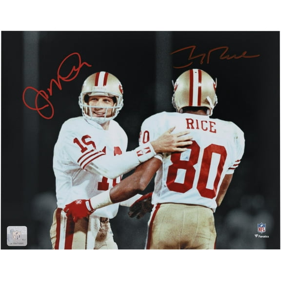 Joe Montana and Jerry Rice San Francisco 49ers Autographed 11" x 14" Side by Side Spotlight Photograph - Red Signature - Fanatics Authentic Certified