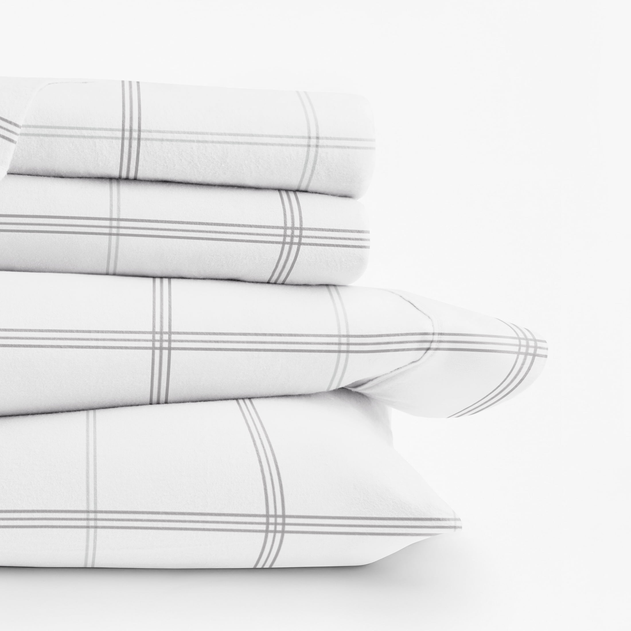 Gray Checkered 4 Piece 100% Cotton Flannel Deep Pocket Sheet Set, Full, by Noble Linens
