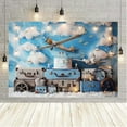 thumbnail image 4 of Little Aviator Baby Shower Backdrop for Boys Let The Adventure Begin Photography Background Suitcases Travel Around The World White Clouds First Birthday Party Decorations Banner Photo Booth Props, 4 of 4