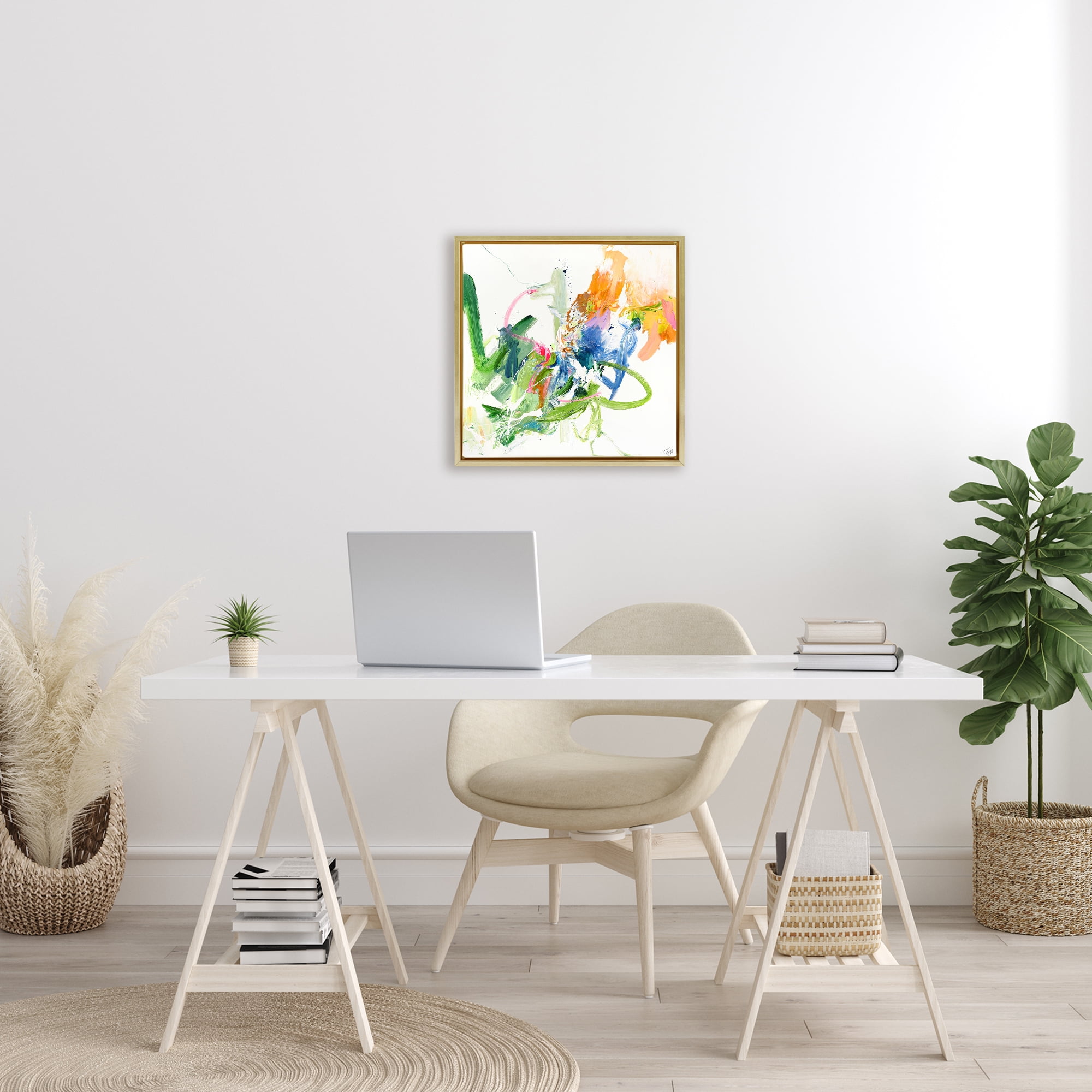 Confident Green Abstraction Gold Framed Floater Canvas Wall Art, design by Design Fabrikken