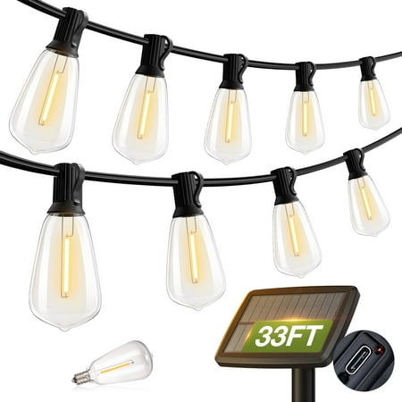 addlon 33(27+6) FT Solar AIF4 String Lights Waterproof,Patio Lights Solar Powered with USB Port & 3 Lighting Modes 12+1 LED Shatterproof Bulbs Outdoor Lights for Camping Backyard Garden