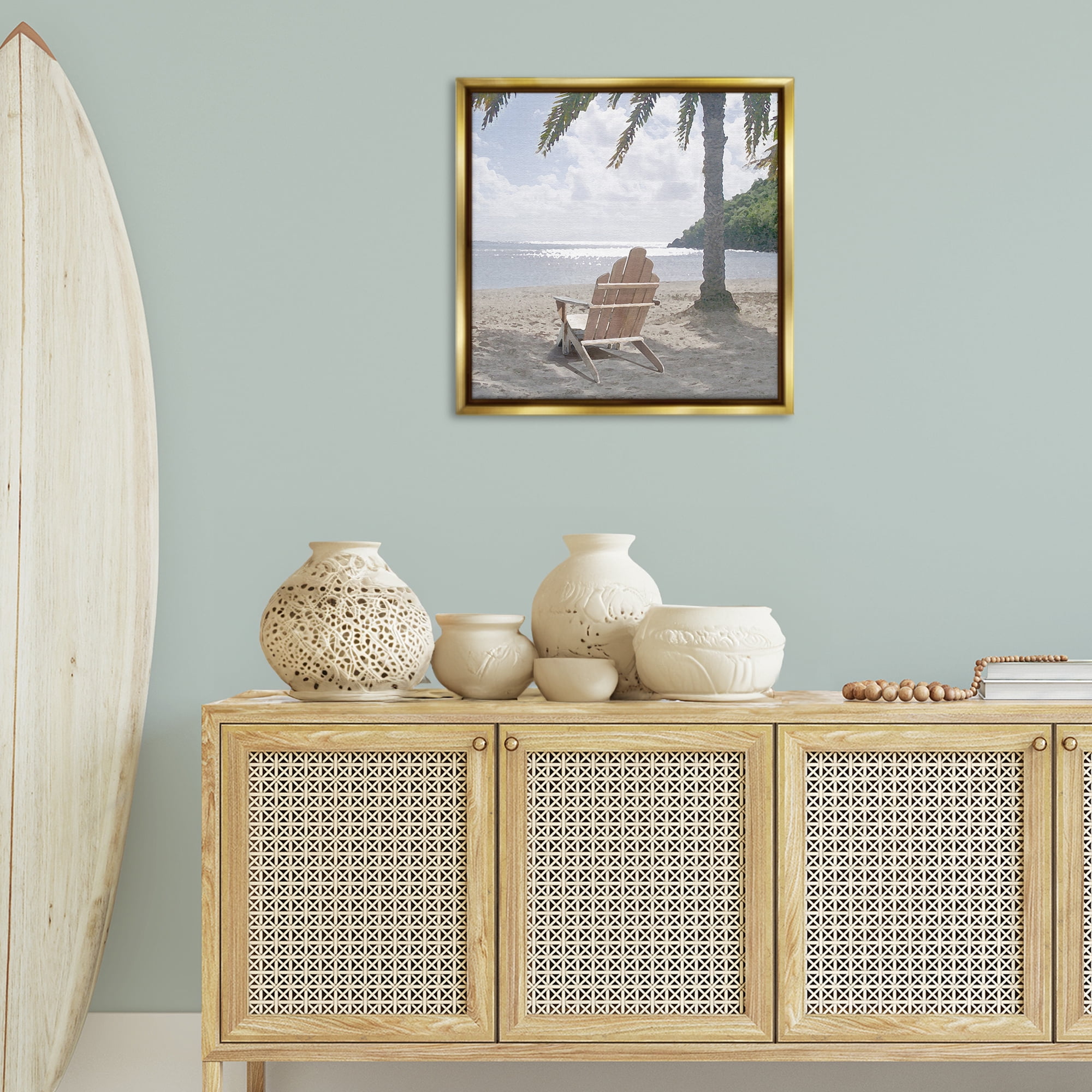 Stupell Industries Chair Under Palm Tree Coastal Photography Gold Floater Framed Canvas Art Print Wall Art, 25 x 25