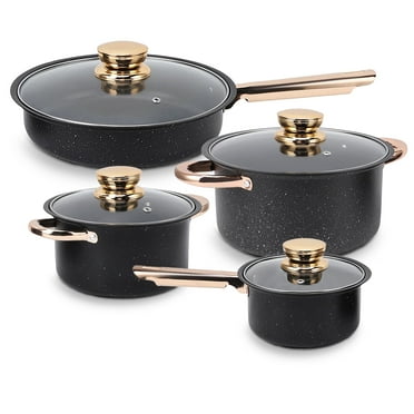 8 Pcs Pots and Pans Set Non Stick, Nonstick Kitchen Cookware Sets, Induction Cookware, For Oven & Dishwasher , Premium Kitchen Cooking Set with Gold Handles, Black