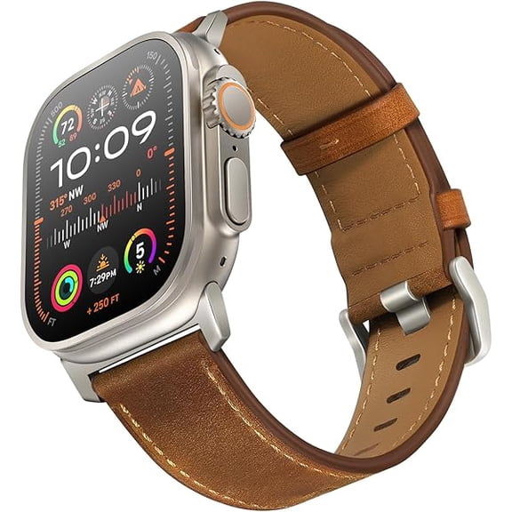 Leather Band Compatible with Apple Watch Ultra 3/2/1 Band 49mm 46mm 45mm 44mm 42mm Men, Genuine Leather Strap for iWatch Ultra Series 11 10 9 8 7 6 5 4 3 2 1 SE 3/2/1, Retro Brown/Titanium