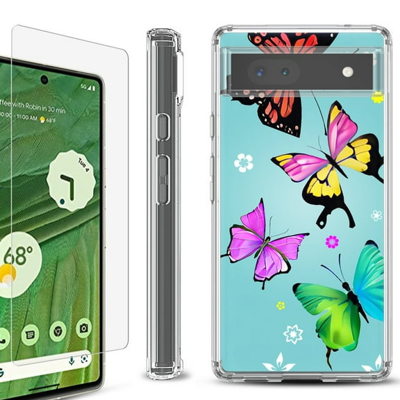 Shockproof Bumper Phone Case for Google Pixel 6a, with Tempered Glass Screen Protector, by OneToughShield ® - Butterfly