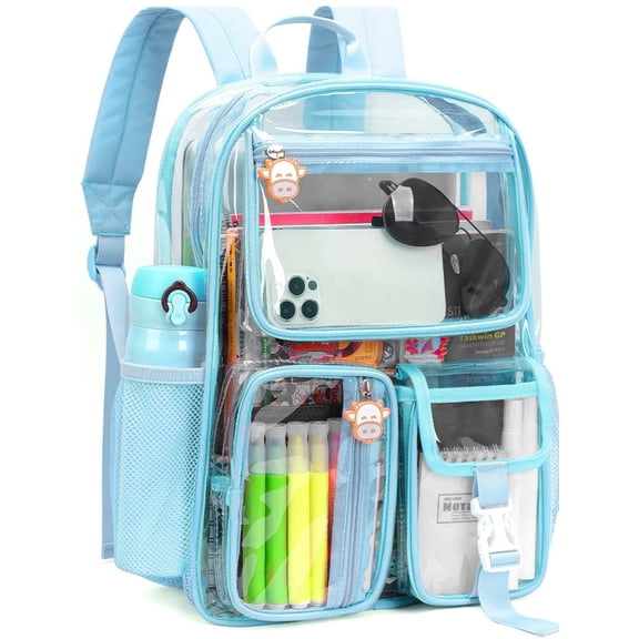 Tinyat Clear Backpack Heavy Duty Large Waterproof Transparent Stadium Approved School Bookbag 6-Pockets Clear Bag Blue