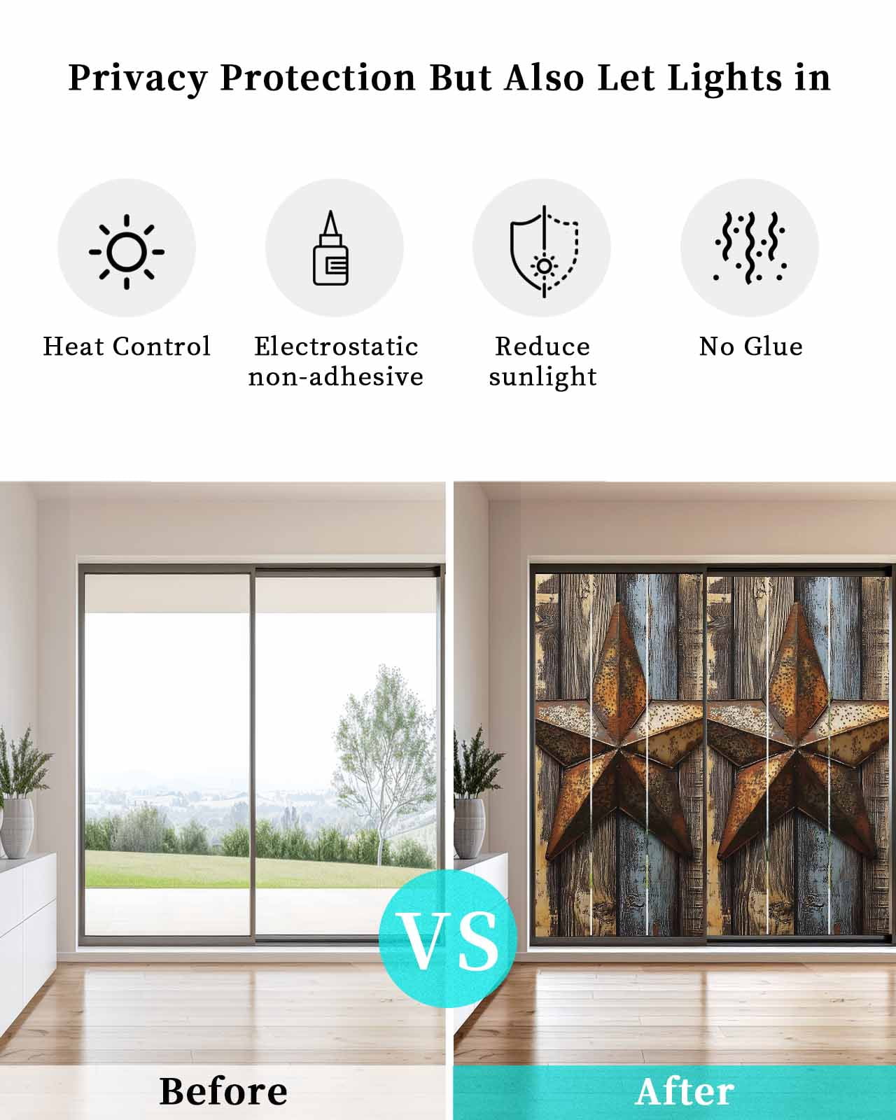 Window Privacy Film Retro Vintage Stained Glass Window Film Decorative Sun Block Window Cover Chic Western Texas Star Pattern Wooden Window Clings Static Adhesive Sticker for Bathroom 29.5"x78.7"