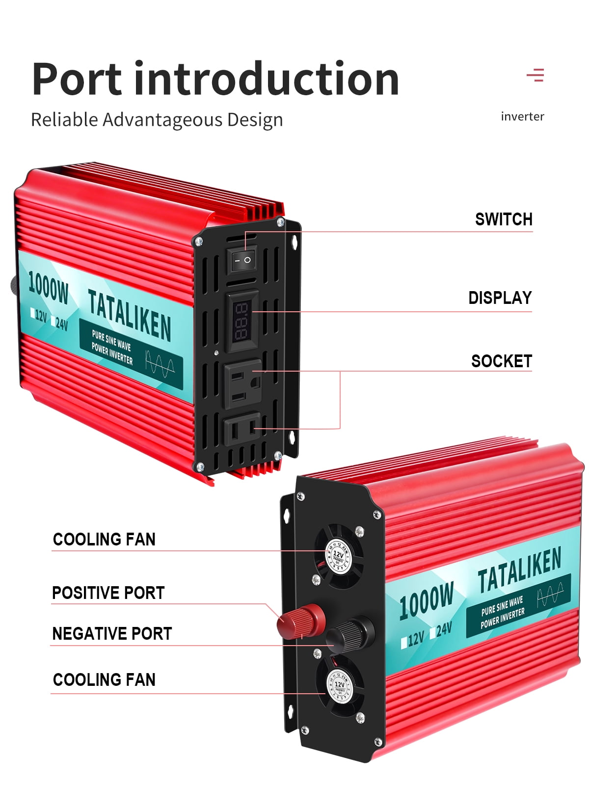 TATALIKEN 1000 Watts 2000 Watts Pure Sine Wave Power Inverter DC 12V to AC 110V/120V Car Inverter with 2 AC Outlets for Power Tools Home Vehicles RV Truck, LCD Display
