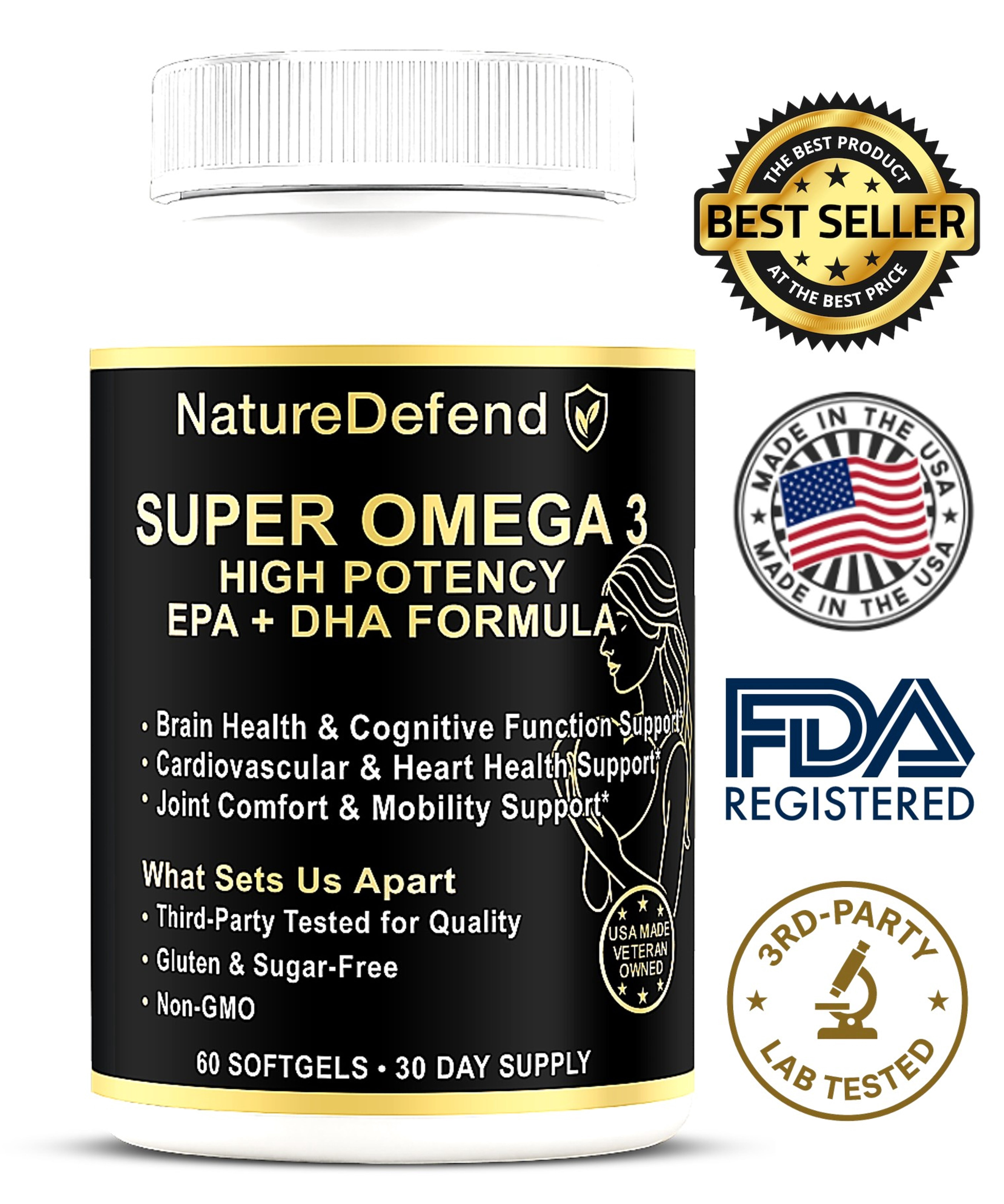 NatureDefend Omega-3 Fish Oil Softgels, EPA & DHA, Lemon, Heart & Brain Support, 60 Count, Veteran-Owned, USA Made