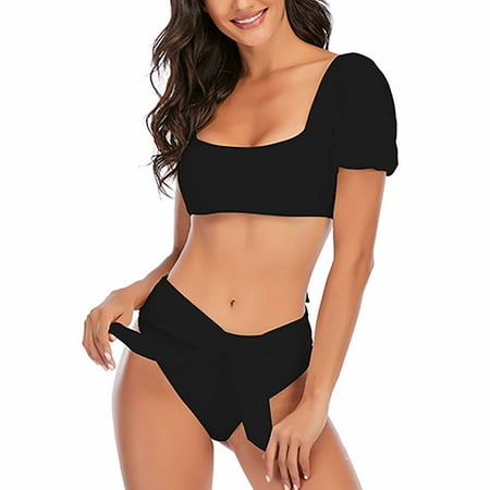 HTNBO 2 Piece Swimsuits for Women Puff Sleeve Sexy Swimwear High Waisted Bikini Swimsuits Black S