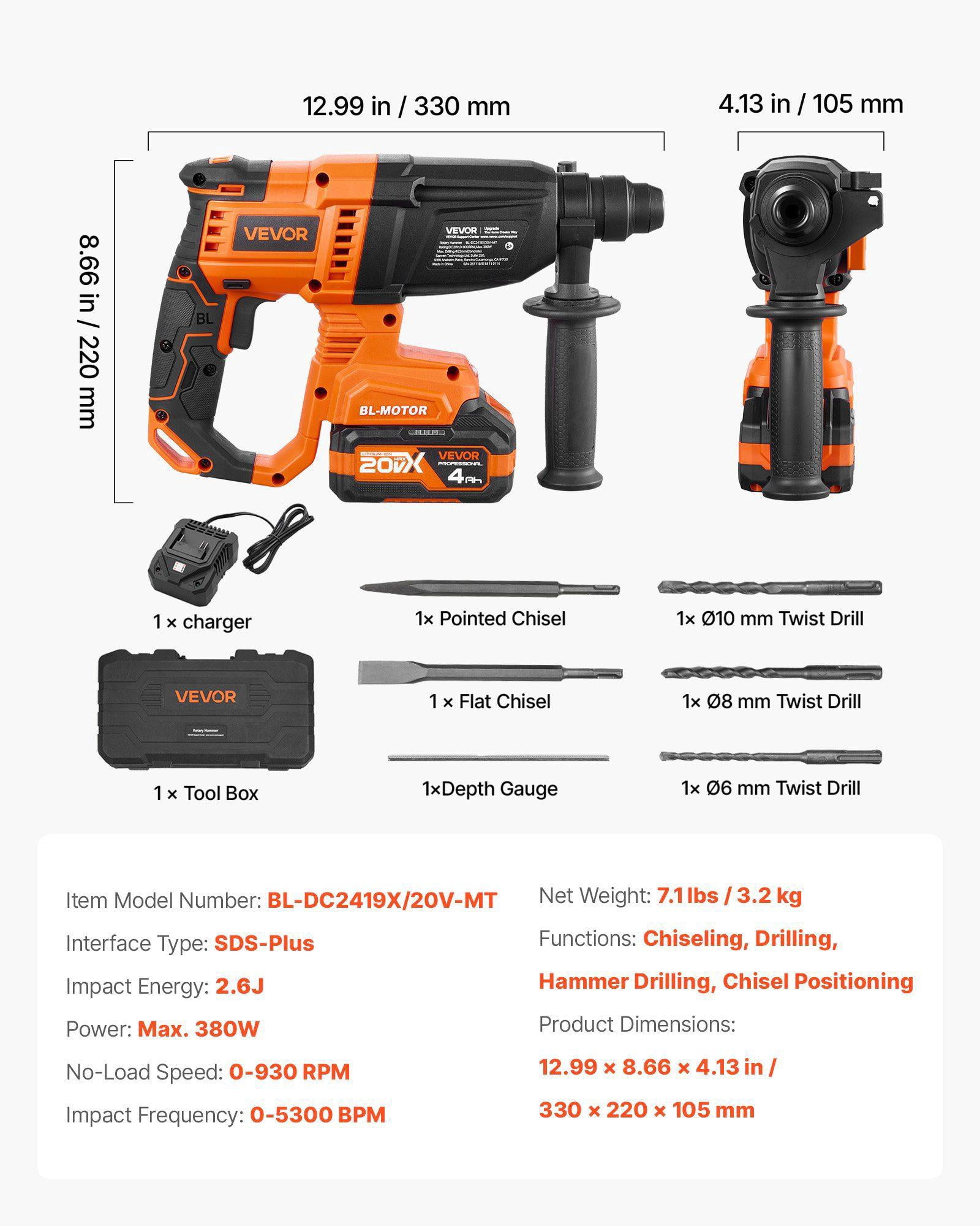 20V Cordless Rotary Hammer Drill 7/8 Inch SDS Plus Brushless with Battery Charger 3 Drill Bits Flat Pointed Chisel Carrying Case for Concrete