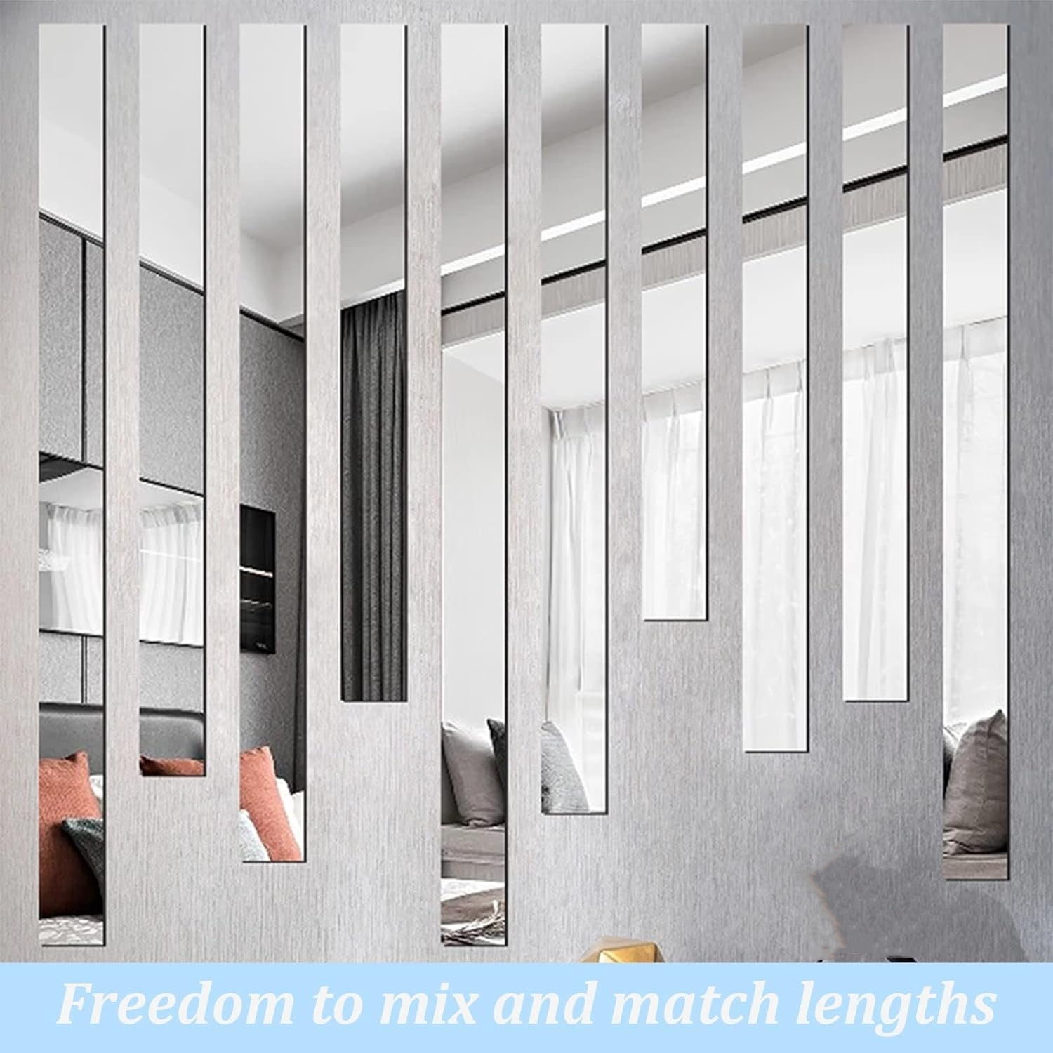 Mirror Tiles, 2''x20'' Mirror Tiles Self Adhesive Stripe Wall Mirror Stickers (Not Glass) Removable Plastic Mirrors for Wall, Frameless Mirror Sheets for Home Living Room Bedroom DIY Decor (10Pcs)