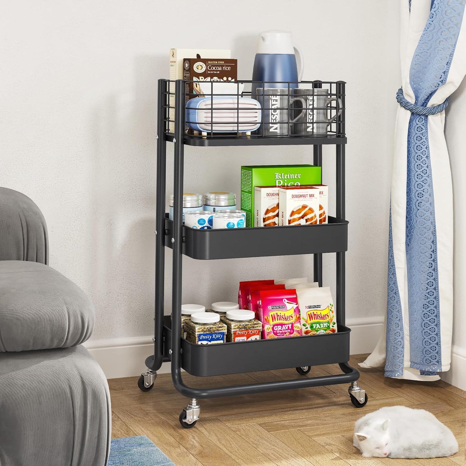 3-Tier Metal Rolling Utility Cart, Rolling Cart Organizer, Storage Cart on Wheels, Book Cart, Diaper Cart for Bathroom, Kitchen, Office, Bedroom, Black