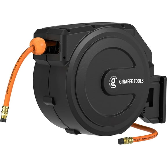 Giraffe Tools Retractable Air Hose Reel, 3/8in-50 ft, Wall Mounted with 180° Swivel Bracket, Compressor Hose Reel, 300 PSI