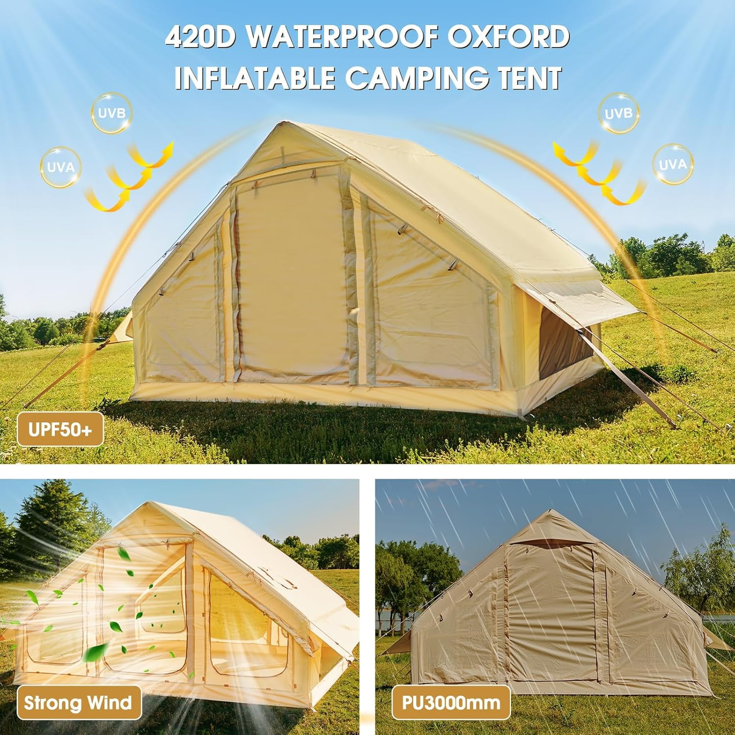 Slsy Inflatable Tents with Canopy for Camping, Blow Up Tent with Hand Pump, Easy Setup Inflatable Hot Tent with Stove Jack, Waterproof Oxford Air Glamping Tents for Camping Adult 4-6 Person