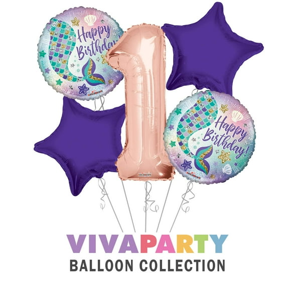 Happy Birthday Mermaid Round Balloon Bouquet 5 pc, 1st Birthday, Rose Gold Number 1 Jumbo Balloon | Viva Party Balloon Collection
