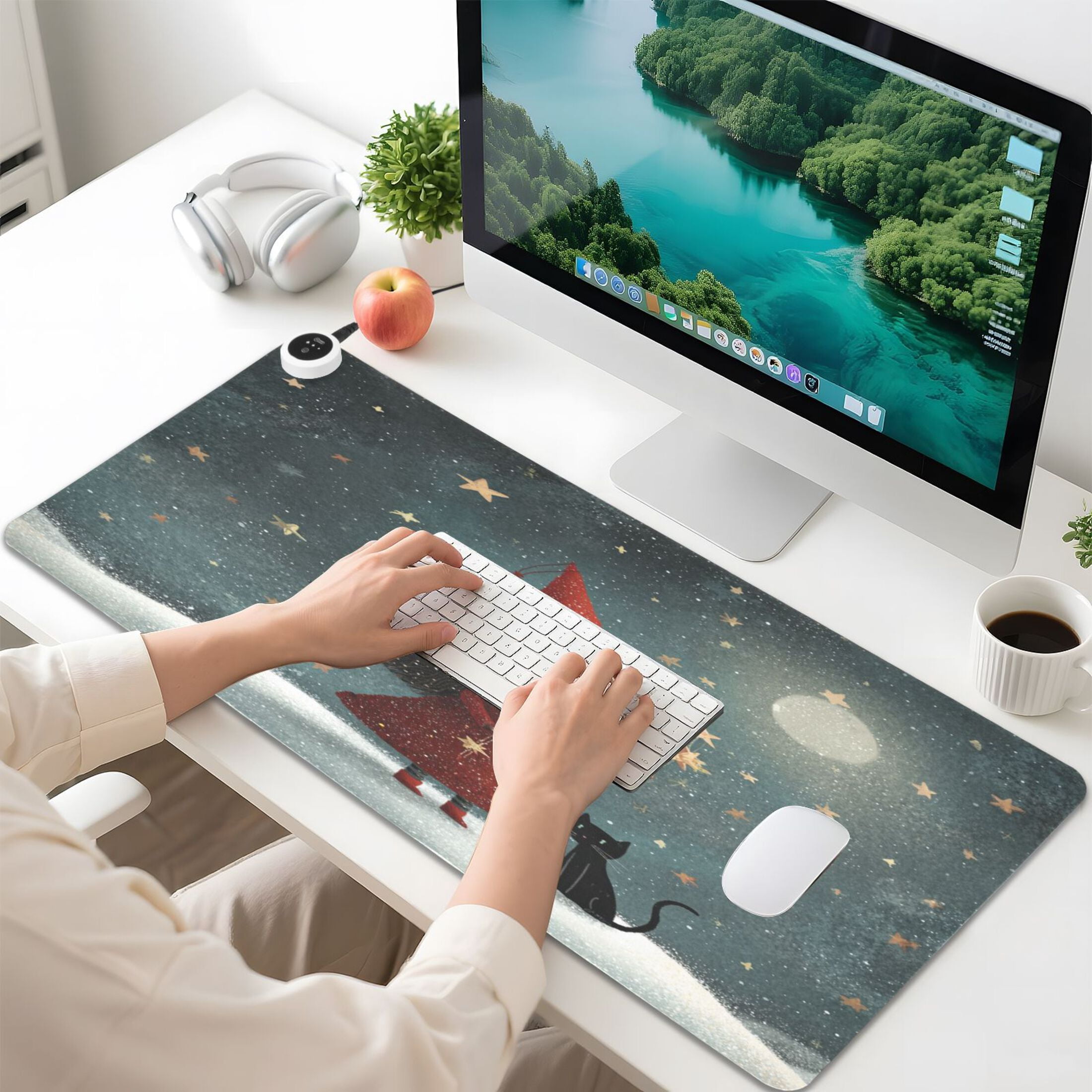 Large Heated Desk Mat Mouse Pad 31.5"x13"PU Leather Graphene Heating Desk Warmer with 3 Temperature Settings 110V US Plug Non-Slip Warm Pad for Home, Office, and Gaming Red Hat and Black Cat
