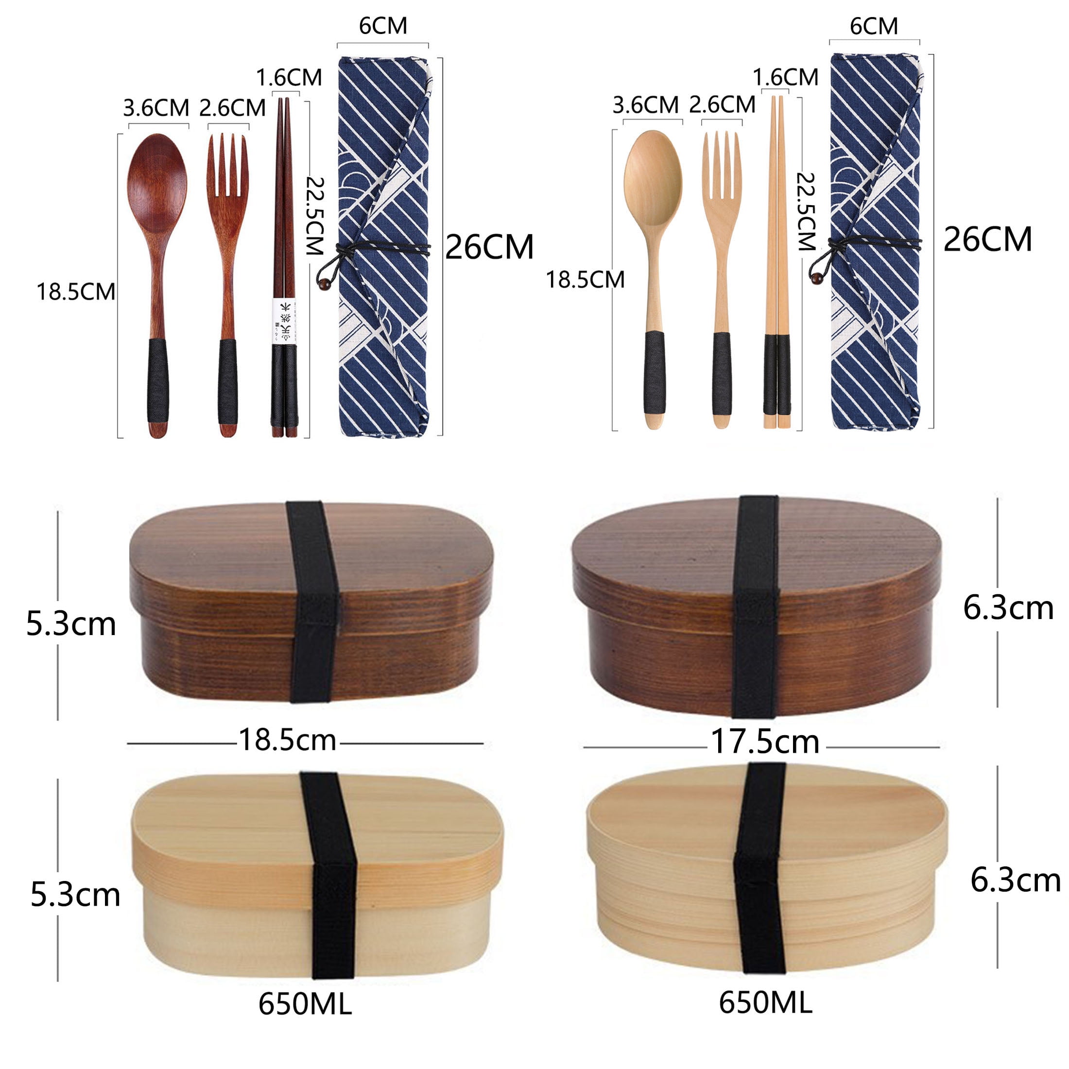 SXDY Wooden Bento Boxes Lunch Box, Japanese Style Food Containers Picnic Box, With Spoon Fork Chopsticks