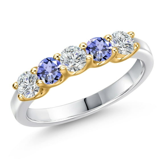 Gem Stone King 10K Two Tone Gold Lab Grown Diamond and Blue Tanzanite Wedding-Bands Ring for Women | 0.87 Cttw | Round 3.5MM | Gemstone April Birthstone | Size 5