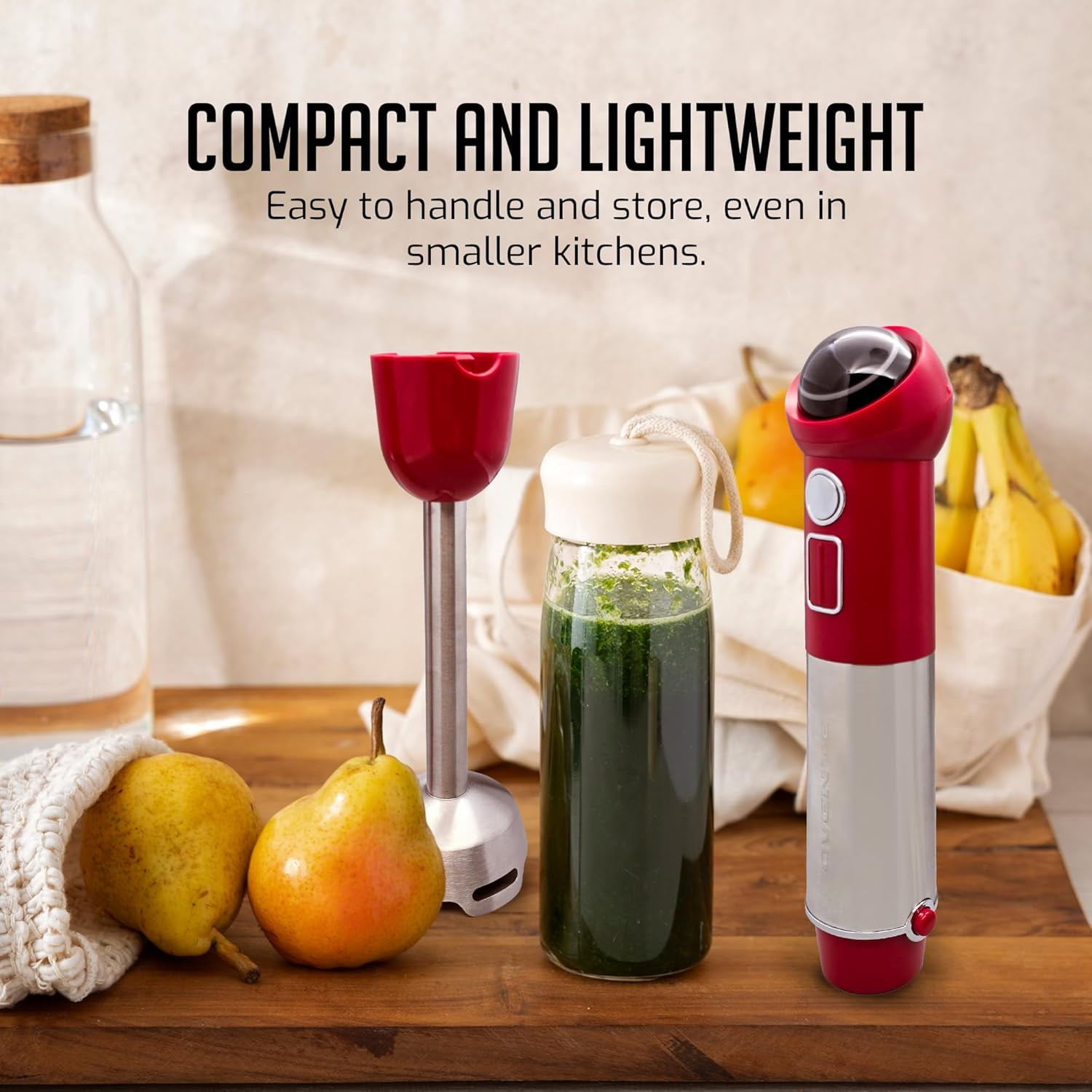 OVENTE Cordless Immersion Hand Blender, 300W Rechargeable Handheld Portable Stick Mixer with Speed Pulse Activating Sensor and Stainless Steel Blades for Smoothies, Shakes or Baby Food, Red HR995R
