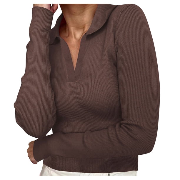 Camiseta elegante de manga larga con escote en V profundo para mujer: top ajustado con fruncidos laterales para combinar en otoño/invierno, estilo informal de negocios (S-L)
