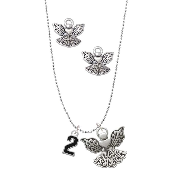 Delight Jewelry Silvertone Black Number - 2 Silver tone Guardian Angel Charm Necklace and Stud Earrings