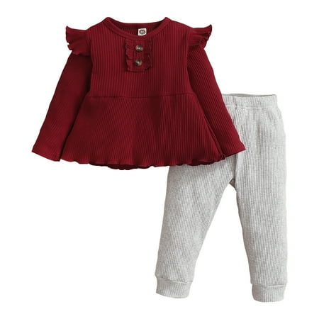 

KIMI BEAR Newborn Baby Girls Outfits 6 Months Newborn Girls Autumn Winter Outfits 9 Months Newborn Girls Sweet Pits Striped Long Sleeve Top + Pants 2PCs Set Red