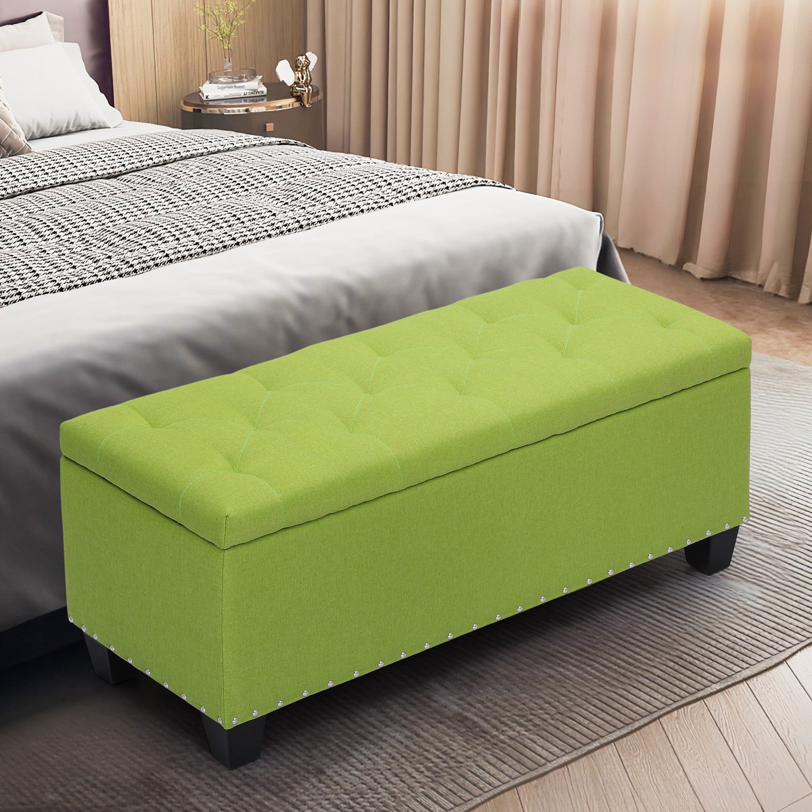 OSM 42 Inch Long Storage Ottoman Bench, Linen Foot Stool Upholstered Foam Padded Rectangular Fabric Tufted Bench Footrest for Living Room Bedroom Entryway with 660 Lbs Capacity, Green