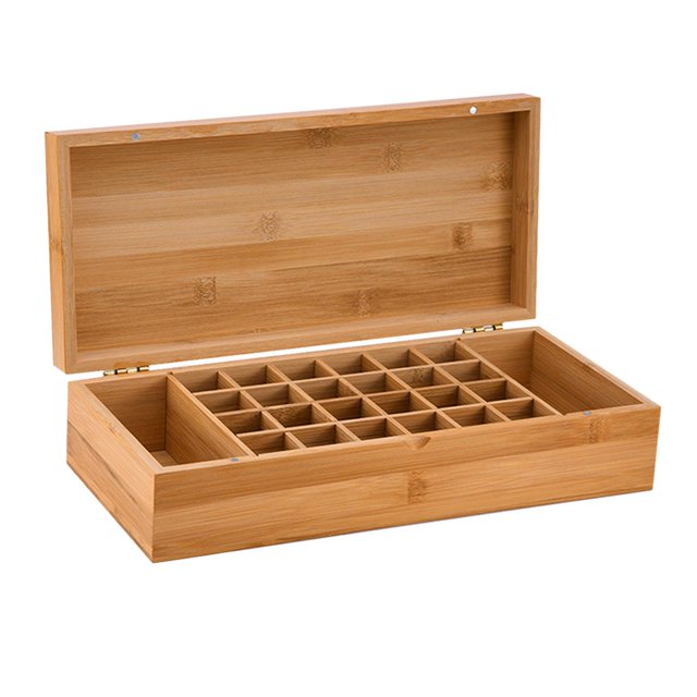 24 Bottles Essential Oil Storage Box Carrying Case Bamboo Wood Nail 26 Grids
