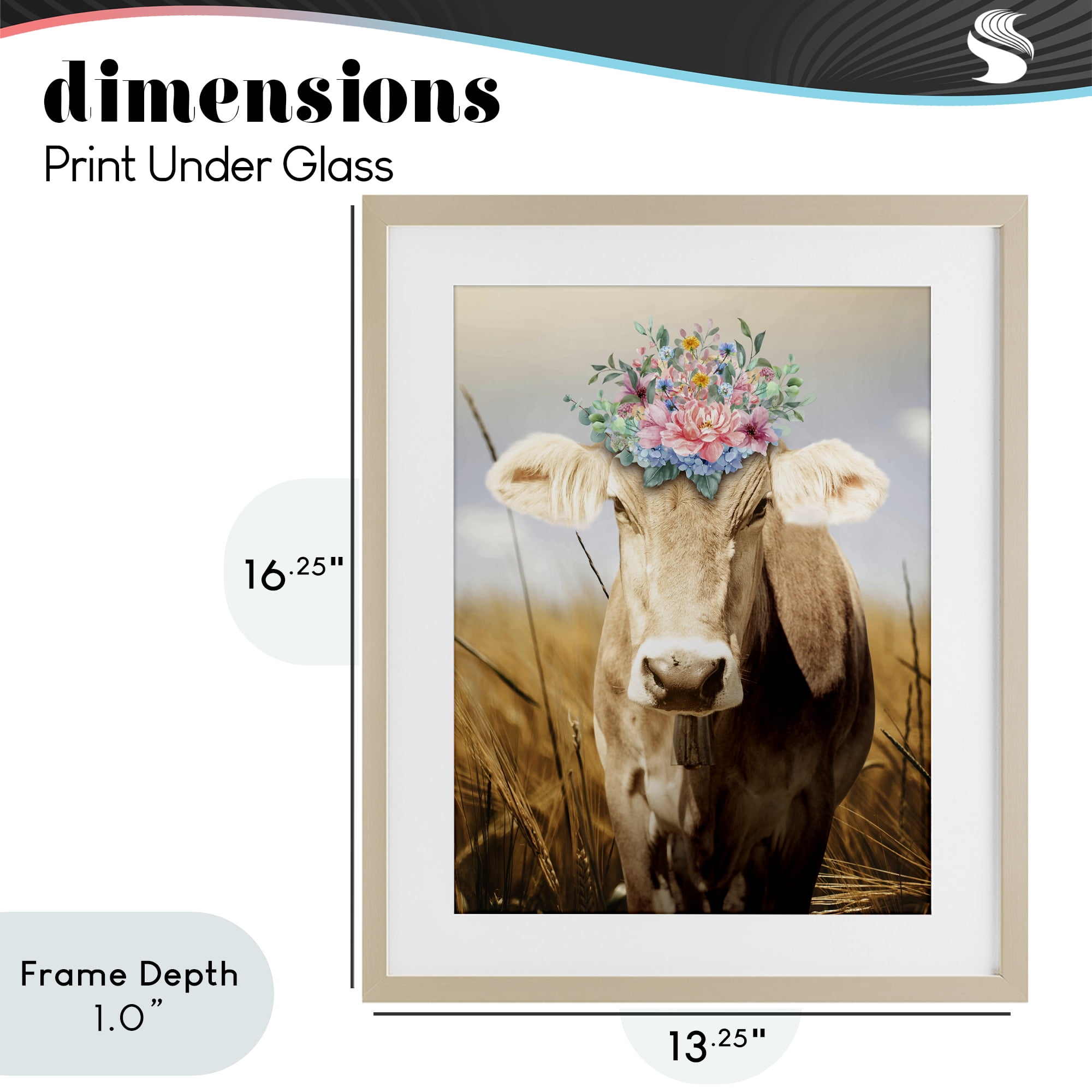 Stupell Industries Chatty Belle Cow with Florals Birch Framed Print Under Glass, design by Marcus Prime
