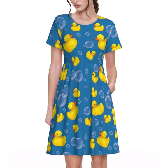 Defioc Rubber Duck Pattern Womens Summer Dresses Short Sleeve Sundress 2025 Beach Vacation Dresses with Pockets -3X-Large