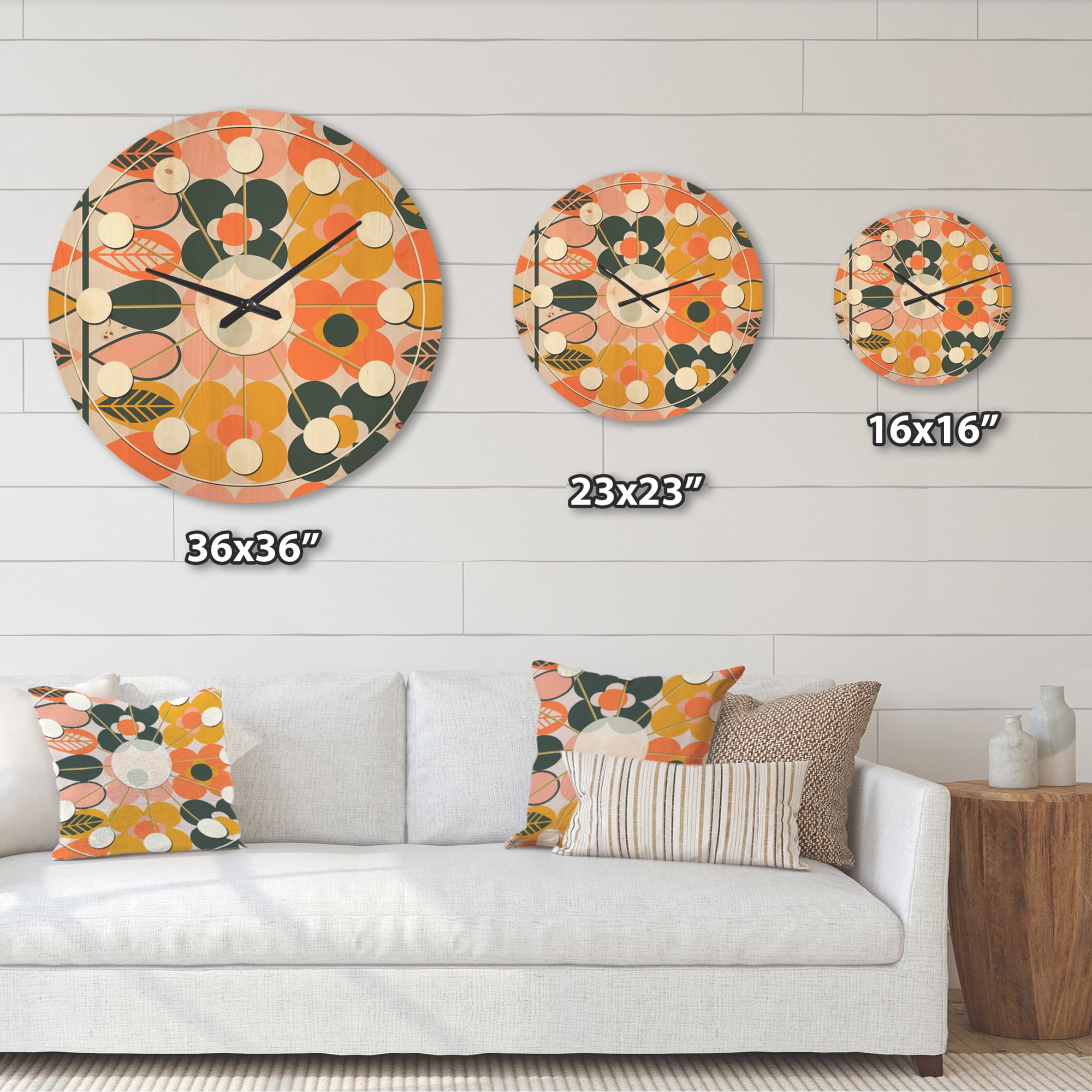 Designart 'Botanical Retro Pattern Design II' Mid-Century Modern Wood Wall Clock