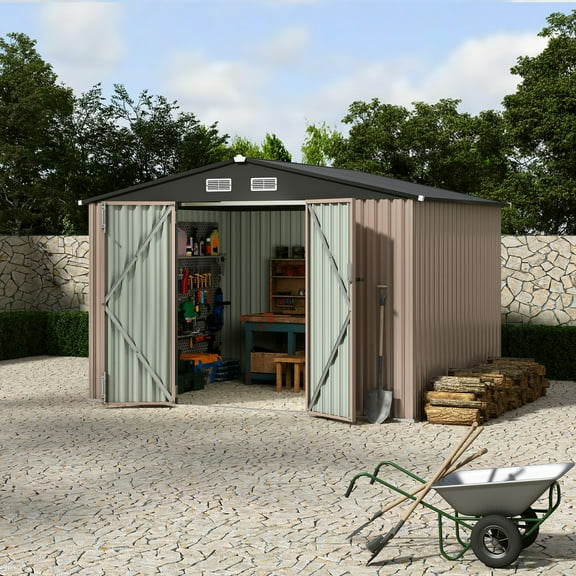 Kojooin 8' X 10' Outdoor Storage Shed, Waterproof Metal Sheds with Metal Foundation, Utility and Tool Garden Shed with Lockable Doors for Backyard, Patio, Outside
