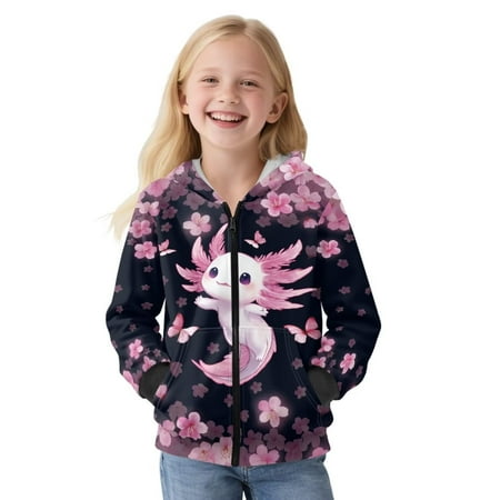 FUIALDOLG Full Zip Up Hoodies with Cherry Blossom Axolotl Printed Girls Sweatshirts Cozy Winter Jacket Long Sleeve Hooded for Toddler Kids Size S