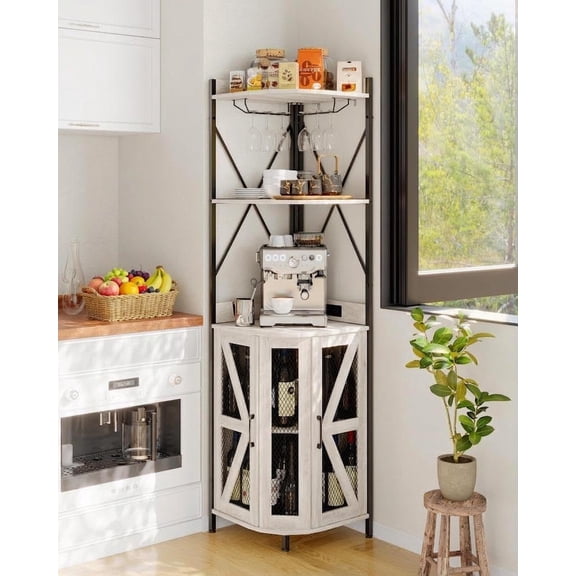 72inch Corner Wine Cabinet, Industrial Wine Cabinet with Power Outlet & 12 Colors LED Strip, Bar Display for Home & Small Space, Industrial Metal for Living Dining Room, Grey